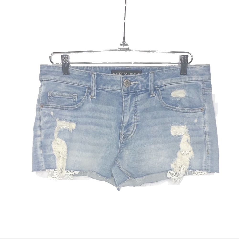 EXPRESS Distressed Denim Cutoffs Crotchet Shorts 6